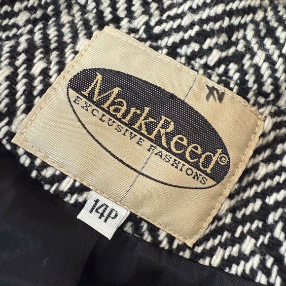 Mark Reed Black Wool Houndstooth Fishbone Trench Coat Large 14P - Picture 3 of 6